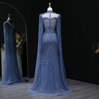 Elegant Blue Beaded Evening Dress with Cape Sleeves High Neck Gown - Thumbnail 3
