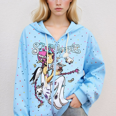 Sweet and youthful cartoon girl print hooded sweatshirt