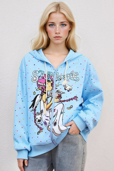Sweet and youthful cartoon girl print hooded sweatshirt