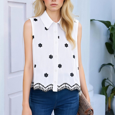 Fashionable casual sleeveless lapel short embroidered shirt
