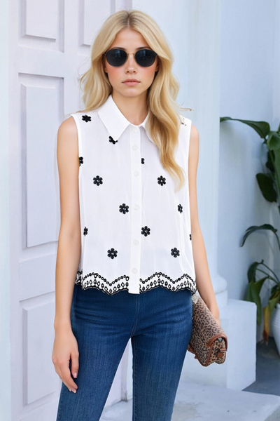 Fashionable casual sleeveless lapel short embroidered shirt