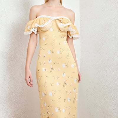 One-shoulder ruffled lace patchwork waist dress fishtail maxi dress