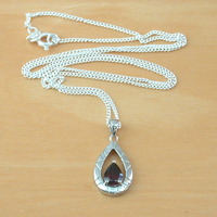BOXED GIFT/Sterling Silver Garnet Teardrop Pendant & Chain/Garnet Necklace/Garnet Jewellery/Garnet Jewelry/UK - Thumbnail 2