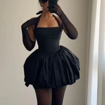 Halter a line black birthday outfit short evening dresses - Thumbnail 1