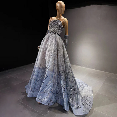 Luxury Beaded Glitter Blue Evening Dress High Custom Crystal Wedding Party Dress