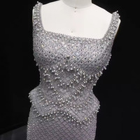 Luxury Dubai Gray Staight Evening Dress with Straps Arabic - Thumbnail 3
