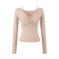Sweet lace stitching fake two-piece long-sleeved T-shirt - Thumbnail 2