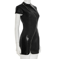 Solid color casual zipper short sleeve open back PU leather short dress - Thumbnail 5