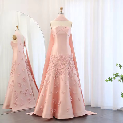  Pink Satin Mermaid Cape Evening Dress 