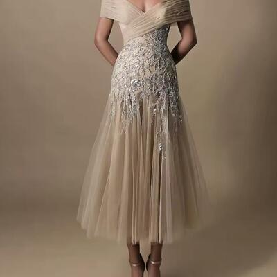 Customized fashion organza a-line off the shoulder appliques sequined evening dress high quality tea length vestidos  - Thumbnail 1