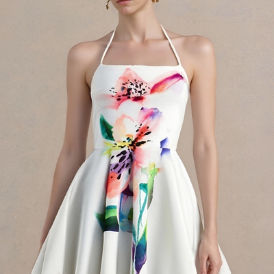 Sexy halterneck lace-up printed a-line dress