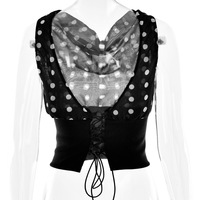 Polka dot hottie cropped top sexy slim backless lace-up patchwork t-shirt - Thumbnail 6
