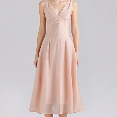 Sweet pink one-row button sexy v-neck waist camisole dress