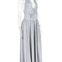 Sexy Deep V Blue Striped Halter Neck Backless Dress Women's Waisted Mid-Length Dress - Thumbnail 6