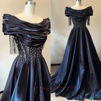 Dark Bule Prom Dress, A-line Prom Dress, Sequined Prom Dress with Off Shoulder Straps, Long Prom Dress with Short Sleeves, Evening Dress - Thumbnail 2
