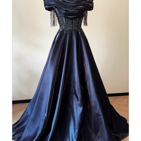 Dark Bule Prom Dress, A-line Prom Dress, Sequined Prom Dress with Off Shoulder Straps, Long Prom Dress with Short Sleeves, Evening Dress - Thumbnail 11