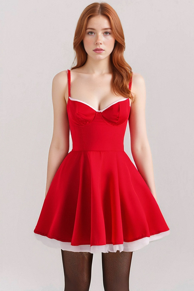 Sexy red satin three-layer three-dimensional steel ring lace splicing puffy dress