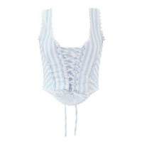 Square neck lace ruffled back tie slim striped vest - Thumbnail 2