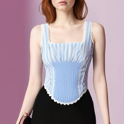 Square neck lace ruffled back tie slim striped vest