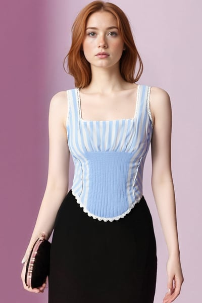Square neck lace ruffled back tie slim striped vest