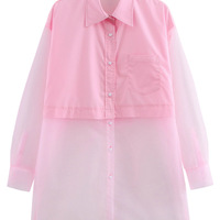 Fashionable and simple bow-decorated transparent hard gauze splicing lapel loose versatile shirt loose top - Thumbnail 1