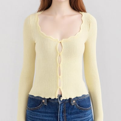 Vintage light yellow lace collar square neck long sleeve cardigan