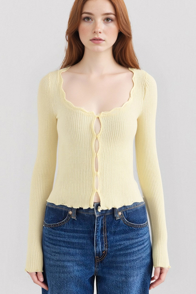 Vintage light yellow lace collar square neck long sleeve cardigan
