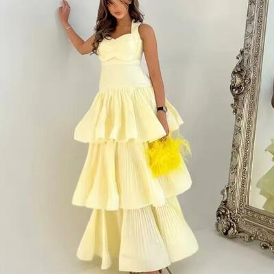 Customized fashion square collar empire tiered party dress ankle length sleeveless pleat formal evening gowns  - Thumbnail 1