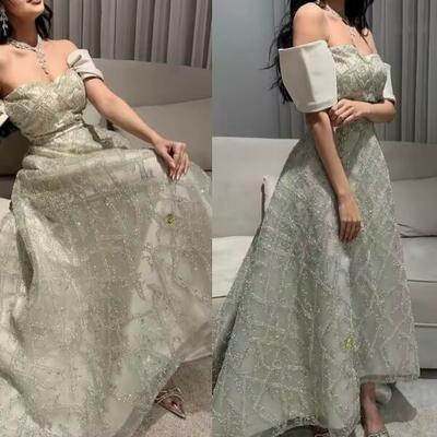 Customized prom dress sparkle off-the-shoulder a-line beading evening formal gown - Thumbnail 3