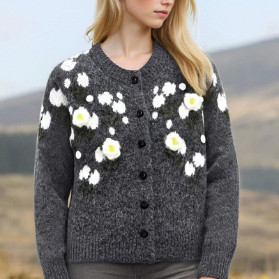 Round neck 3d flower embroidered knitted cardigan