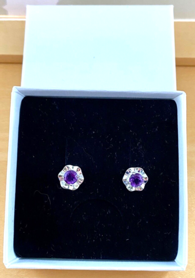 BOXED GIFT/Sterling Silver Amethyst Gemstone Flower Stud Earrings/Amethyst Studs/Amethyst Earrings/Amethyst Jewellery/Amethyst Jewelry/UK