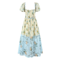 Bohemian retro romantic print patchwork puff sleeve waist slim dress - Thumbnail 2