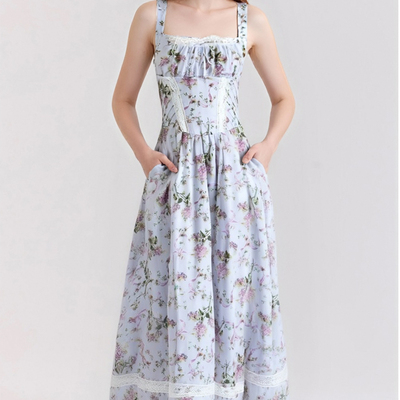 Romantic pastoral style lilac floral print lace patchwork waisted midi dress