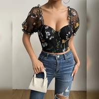 Fashion Mesh Flower Embroidery Design Puff Sleeve Crop top - Thumbnail 3