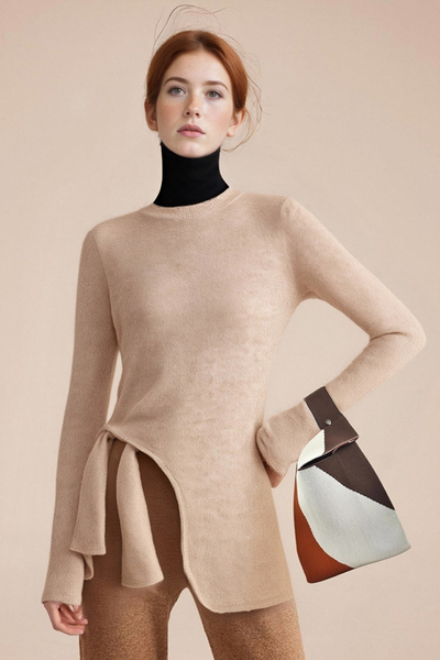 Fashionable, simple and casual long slit shoulder pad round neck long-sleeved knitted sweater