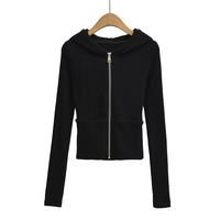 Fashionable and casual threaded ribbed stitching hooded long-sleeved zip-up top sweatshirt - Thumbnail 2