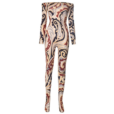 Sexy printed one-shoulder tube top long-sleeved slim-fit trousers jumpsuit