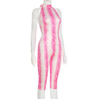 Sexy tight python print halter neck strappy open back jumpsuit - Thumbnail 4