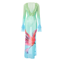 Sexy and elegant floral gradient print mesh ruffle dress - Thumbnail 5
