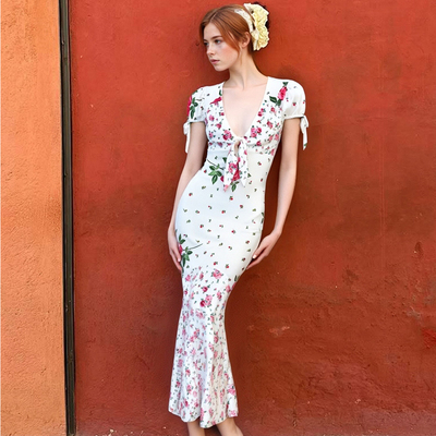 Fashion floral deep v short-sleeved slim mid-length dress - Thumbnail 1