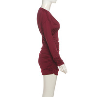 Solid color sexy slim hip-hugging V-neck high waist pleated long sleeve dress - Thumbnail 1
