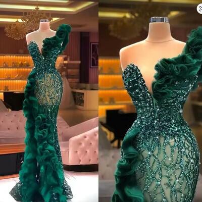 Luxury beaded appliques mermaid evening dresses elegant side split ruffles tulle prom dress glitter sequins formal party gowns - Thumbnail 2
