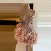 Dusty Pink Mini Homecoming Party Dresses Ruffles Sequins Short Prom Dress Halter Sexy Back Celebrity Cocktail Vestido de festa - Thumbnail 1