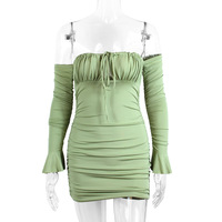 Sexy one-shoulder neckline wrap-around hip skirt with flared sleeves - Thumbnail 1