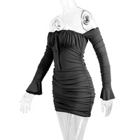 Sexy one-shoulder neckline wrap-around hip skirt with flared sleeves - Thumbnail 3