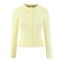 Lace round neck long sleeve single breasted elastic waist tie cardigan sweater - Thumbnail 2