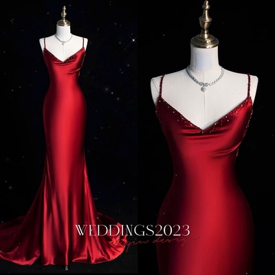 Red Prom Dress with Spaghetti Straps, Long Mermaid Prom Dress, Beaded Prom Dress, Formal Evening Dress, Bridal Dress