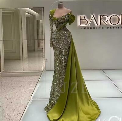 Green Sequin Saudi Evening Dresses Luxury One Shoulder Long Sleeve Formal Gowns Arabic Women Formal Prom Party Gowns Customized