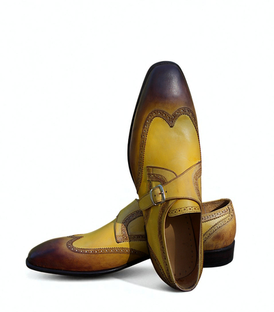 Crafted Leather Tan Brown Single Monk Strap Wingtip Dress Shoes