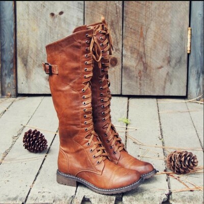 Women's low heel belt buckle lace-up knight boots high boots 
